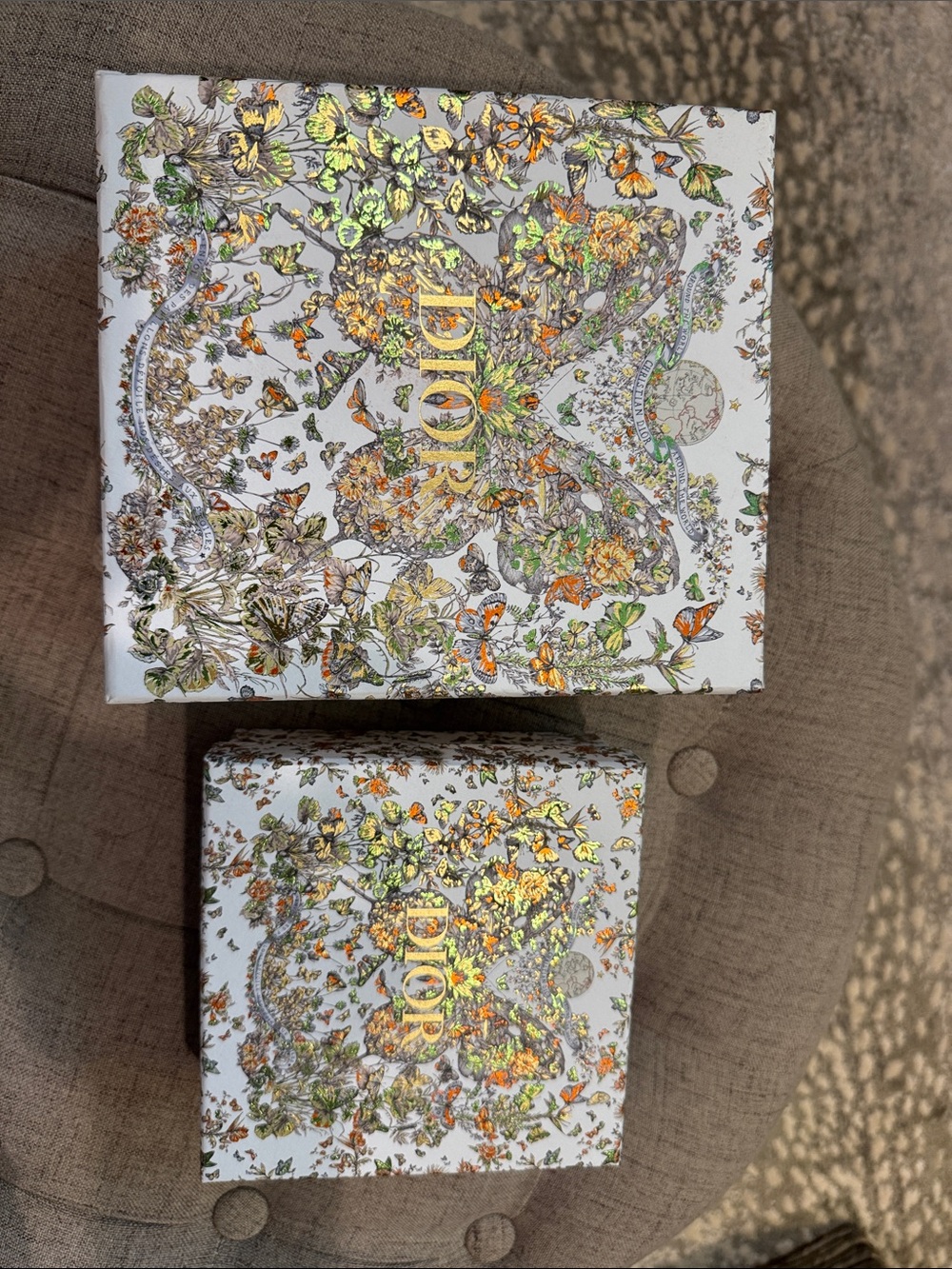 Dior White Gift Boxes with Gold and Orange Floral Print x2